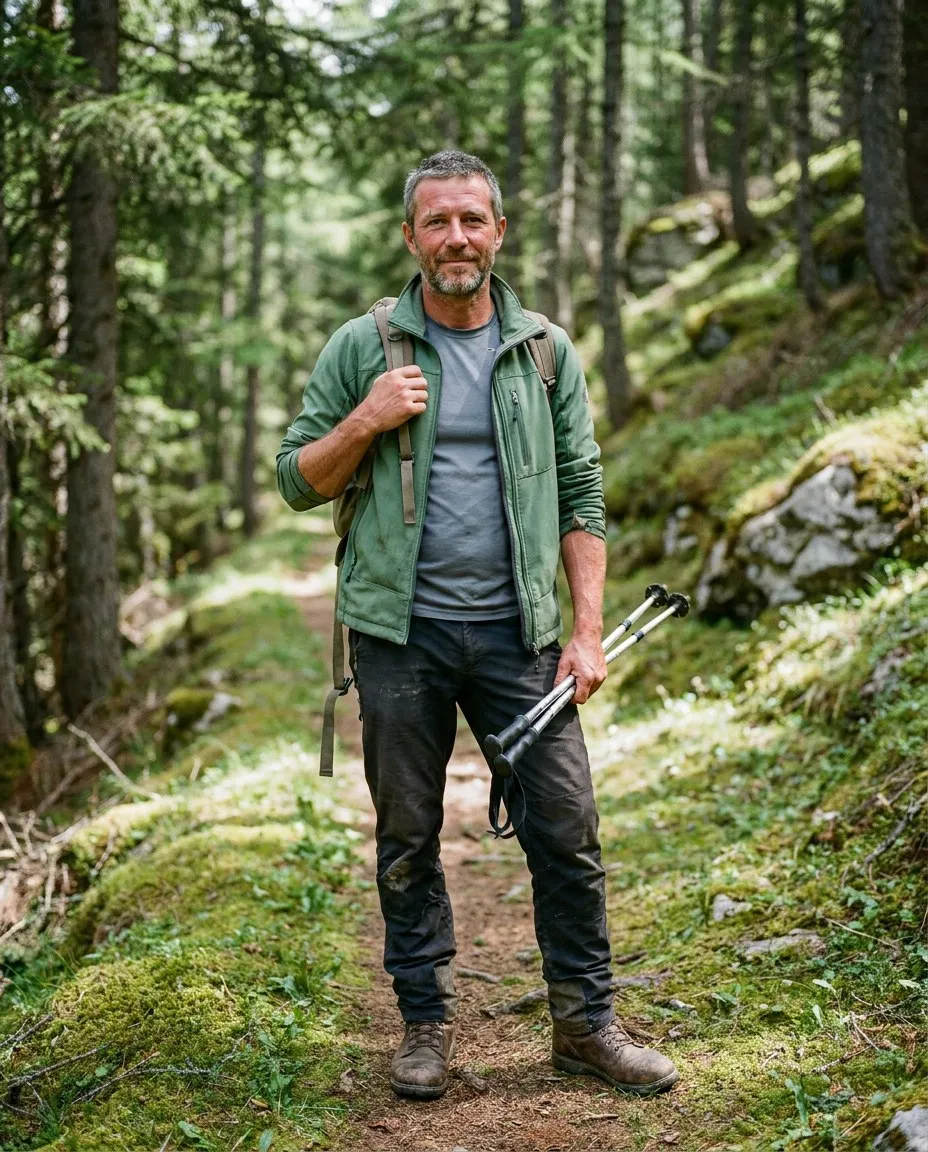 Stefano Peverelli su un sentiero nel bosco, con lo zaino e i bastoncini