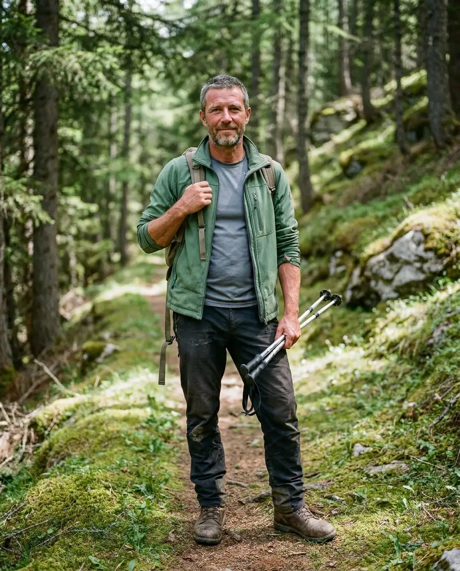 Stefano Peverelli su un sentiero nel bosco, con lo zaino e i bastoncini